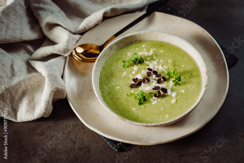 Delicios green soup decorated with micro vegetable on a wooden table. 