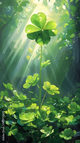 Four-leaf clover glowing in sunlight among green foliage.
 photo