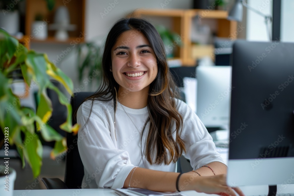 Hispanic Woman Portrait, Pretty Intern, New Employee, Enthusiastic Work Agent, Computer Background Hispanic Woman Portrait, Pretty Intern, New Employee, Enthusiastic Work Agent, Computer Background