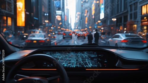 An autonomous vehicle drives through a bustling city filled with bright lights and traffic during the evening hours, showcasing its innovative technology photo