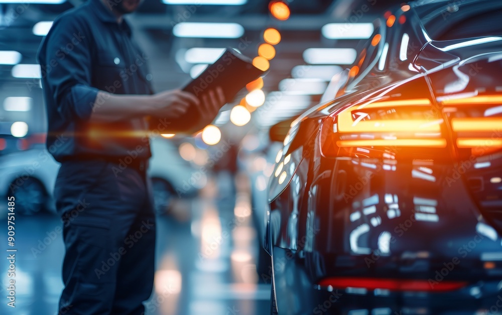 Obraz premium Detailed car inspection by expert, organized workspace