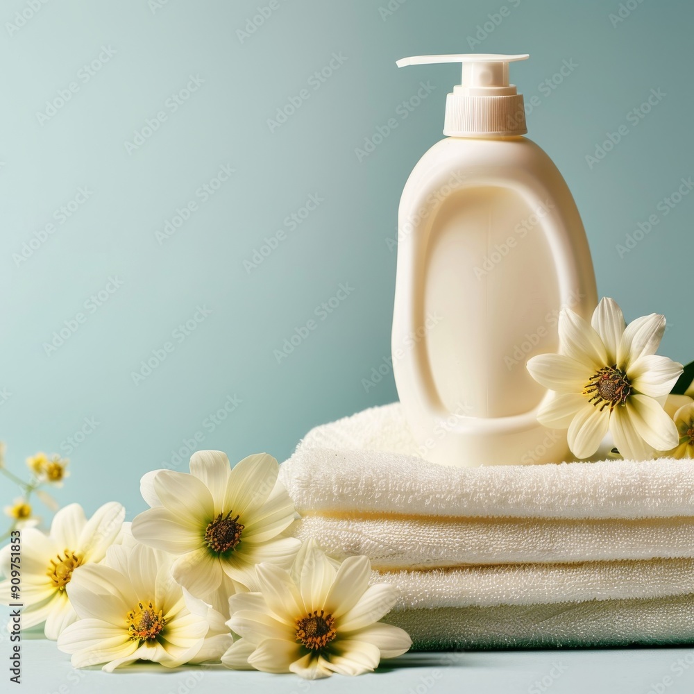 Fabric softener advertising design, conditioner bottle and soft clean towels banner on color background Fabric softener advertising design, conditioner bottle and soft clean towels banner on color background