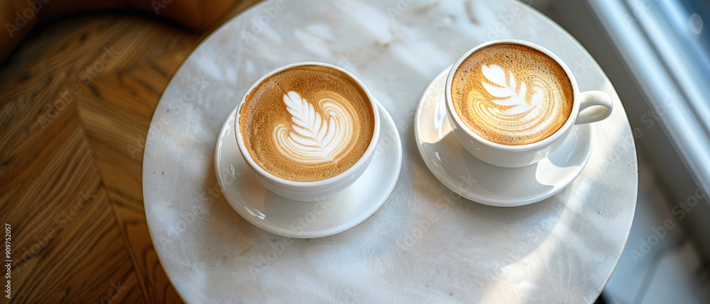 top view of two cappuccino coffee cups with latte art on white coffee shop table top view of two cappuccino coffee cups with latte art on white coffee shop table