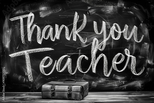 Thank you teacher written in chalk on blackboard with vintage suitcase nearby