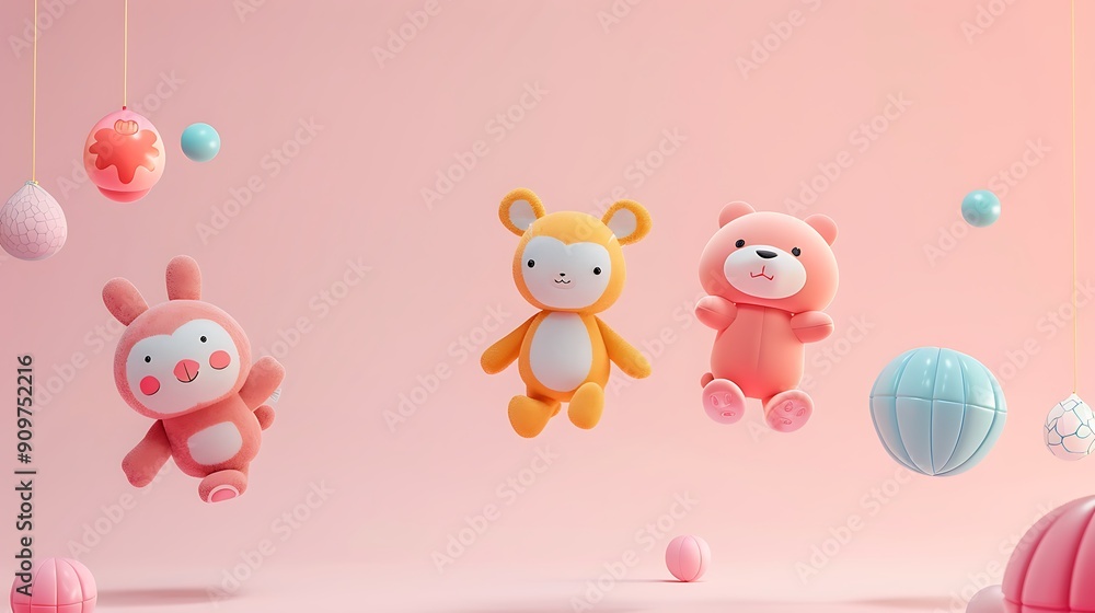 Obraz premium Playful Plush Toys Suspended in a Pastel Pink World