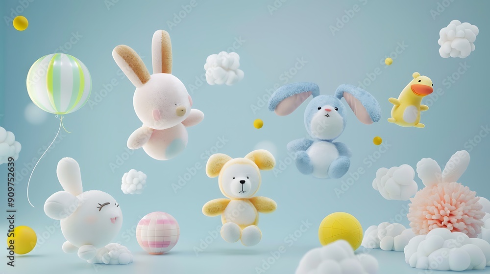 Playful Plush Toys in a Whimsical Cloud Setting Playful Plush Toys in a Whimsical Cloud Setting