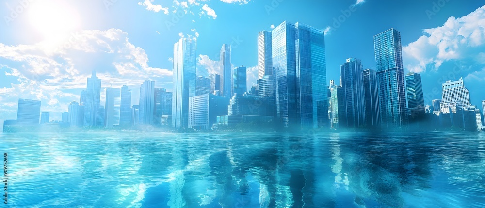Surreal urban landscape featuring a cluster of modern skyscrapers with reflective glass facades floating on clear blue waters under a bright vibrant sky The scene creates a dreamlike Surreal urban landscape featuring a cluster of modern skyscrapers with reflective glass facades floating on clear blue waters under a bright vibrant sky The scene creates a dreamlike