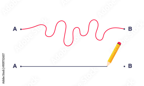 Complex and easy simple way from point A to B vector illustration. Chaos simplifying, problem solving and business solution searching challenge concept. Hand drawn doodle scribble chaos path lines.