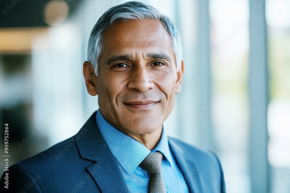 Fototapeta premium Headshot portrait of a confident, mature Indian or Latin middle-aged male leader and CEO. Good-looking businessman in a suit in an office setting. Handsome Hispanic senior business man smiling at the 
