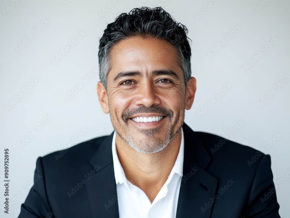 Close-up headshot of a mature middle-aged adult man. Freelancer or entrepreneur isolated on a white background. Happy, smiling, handsome 40-year-old Latin Hispanic businessman looking at the camera