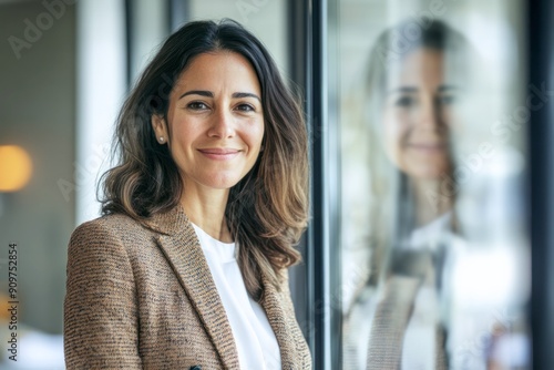 Obraz na płótnie Successful Hispanic Latin senior businesswoman in her 40s, confidently standing and smiling proudly, mature and good-looking middle-aged leader in an office w salonie