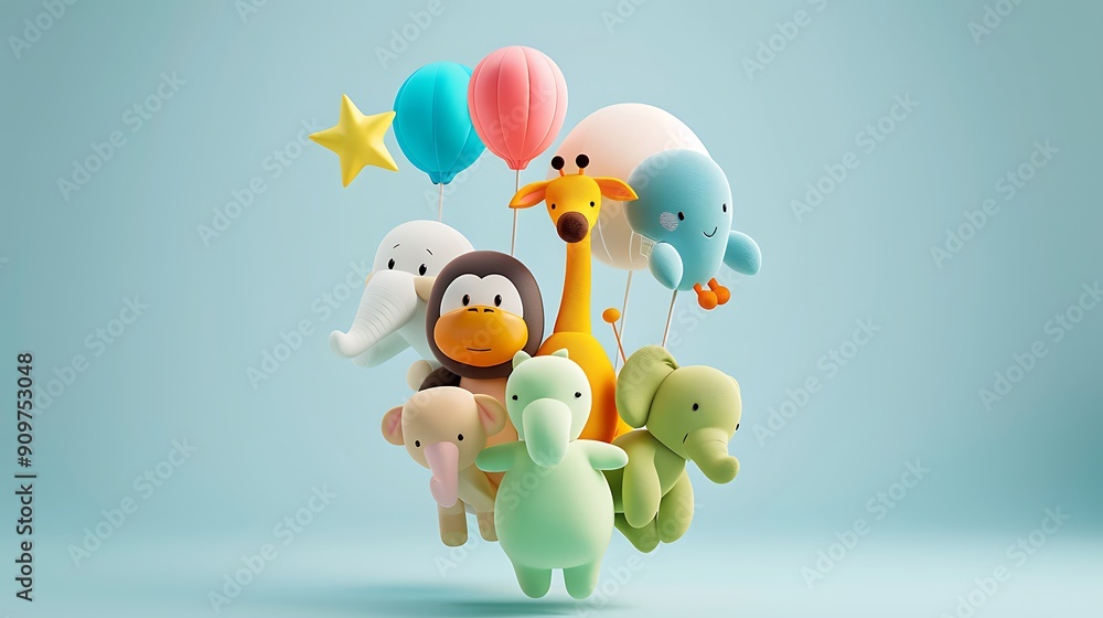 Naklejka premium Cute Stuffed Animals Holding Balloons