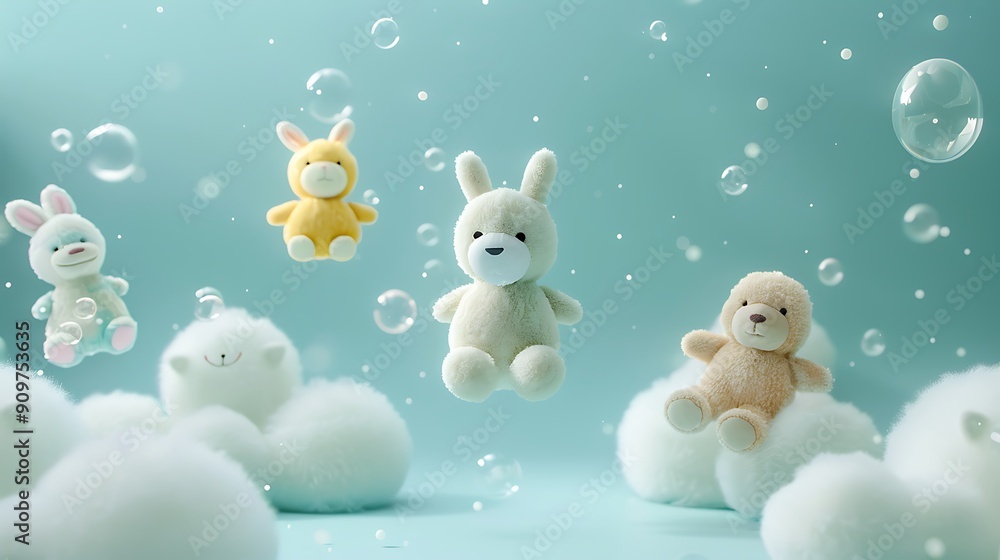 Toy Animals in a Whimsical Cloud Landscape Toy Animals in a Whimsical Cloud Landscape