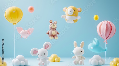 Playful 3D Animal Balloons  Floating in a  Blue Sky