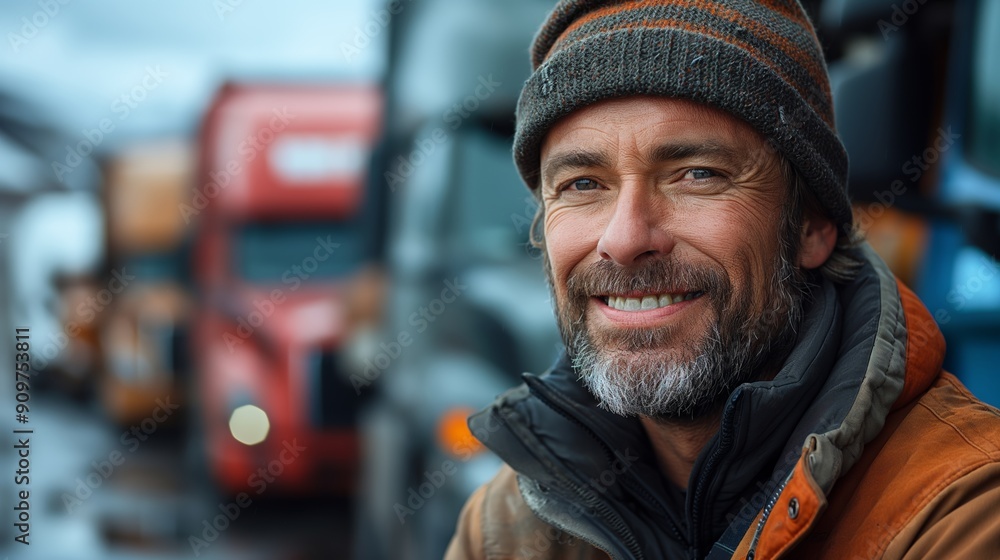 A rugged trucker smiles warmly, framed by the colorful cabs of big rigs, embodying the spirit of the open road. A rugged trucker smiles warmly, framed by the colorful cabs of big rigs, embodying the spirit of the open road.