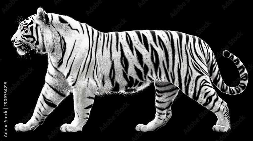 Naklejka premium A majestic white tiger strides confidently across a stark black background, its stripes a bold contrast.