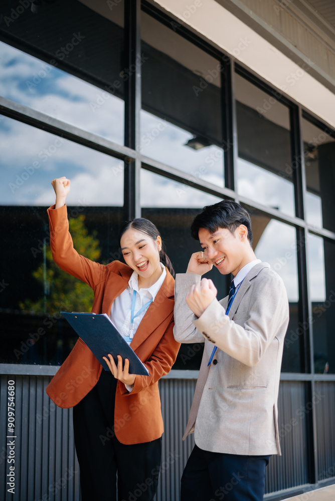 Businesswoman and man going in city center in smart casual business style, talking, working together, stylish