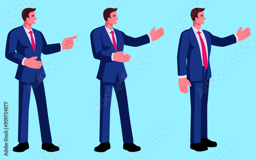 Cartoon set shows a businessman in various presentation gestures, ideal for business presentations and corporate training, includes poses like pointing, explaining, and engaging with an audience