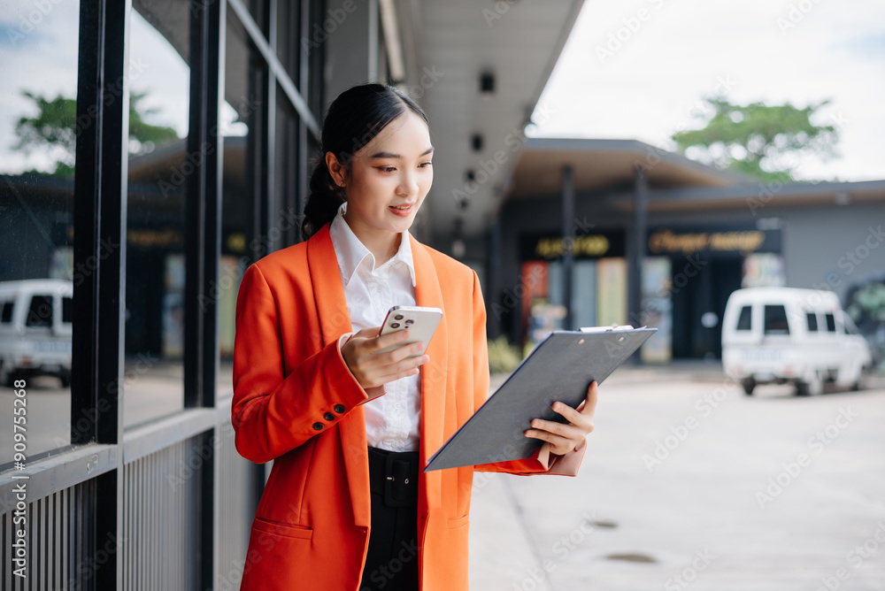 Fototapeta premium Working woman concept a female manager attending video conference and holding tablet, smatrphone in city Outside Office.