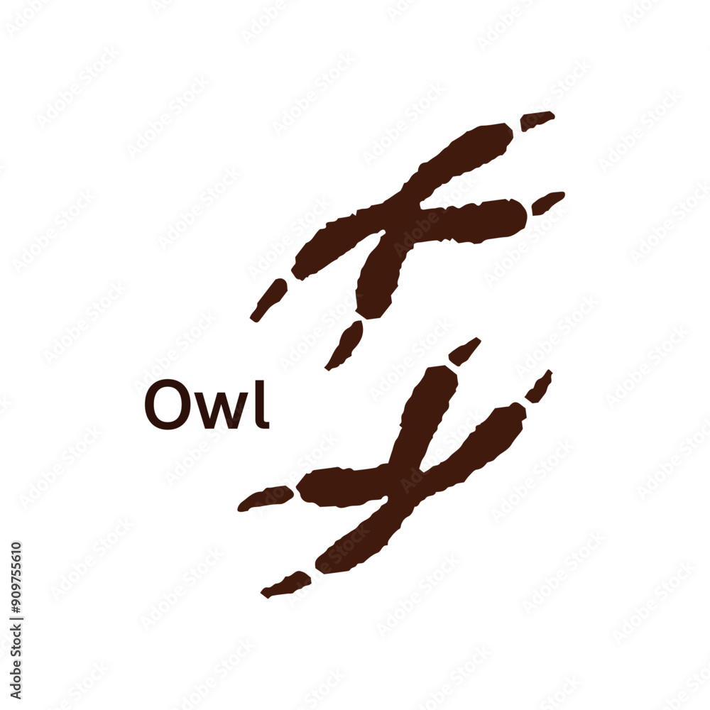 Icon of owl traces with inscription. Wild predator bird tracks with claws on ground. Print of animals' paws silhouettes, footprint, trails stamp. Flat isolated vector illustration on white background Icon of owl traces with inscription. Wild predator bird tracks with claws on ground. Print of animals' paws silhouettes, footprint, trails stamp. Flat isolated vector illustration on white background