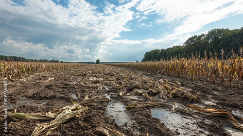 A field of destruction and chaos, where gusty winds and heavy rain have devastated the summer crop, leaving only ruins behind. photo