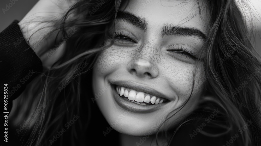 A close-up photo of a woman with freckles in a classic black and white style A close-up photo of a woman with freckles in a classic black and white style