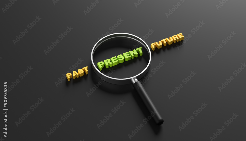 Fotografie The words past, present and future with a magnifying glass focused on the present