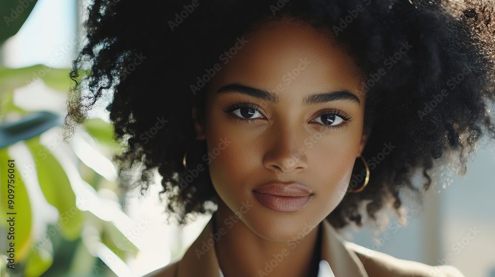 Portrait of a Young Woman With Curly Hair in a Bright Indoor Setting Portrait of a Young Woman With Curly Hair in a Bright Indoor Setting