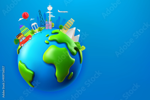 World travel concept with different world sights. 3d vector banner with copy space