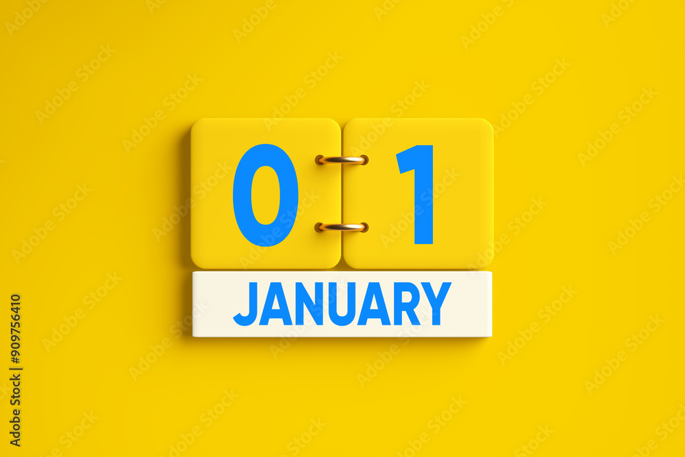 Yellow Calendar with January 1st New Years Day date on yellow background. Yellow Calendar with January 1st New Years Day date on yellow background.