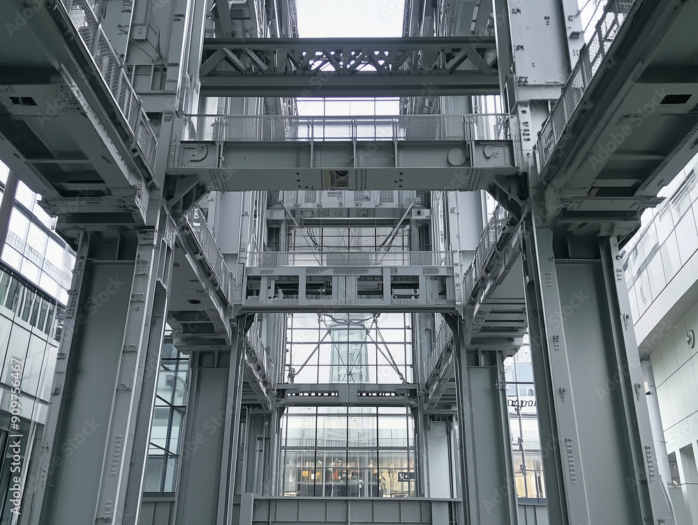 Modern Architectural Interiors and Exteriors of Steel and Glass Buildings with Staircases and Escalators in Urban Construction Sites Modern Architectural Interiors and Exteriors of Steel and Glass Buildings with Staircases and Escalators in Urban Construction Sites
