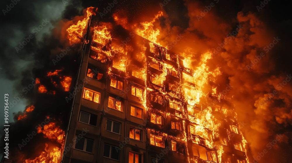 Intense flames that completely engulf the apartment building light up the night sky, creating a haunting image of disaster and destruction. Intense flames that completely engulf the apartment building light up the night sky, creating a haunting image of disaster and destruction.