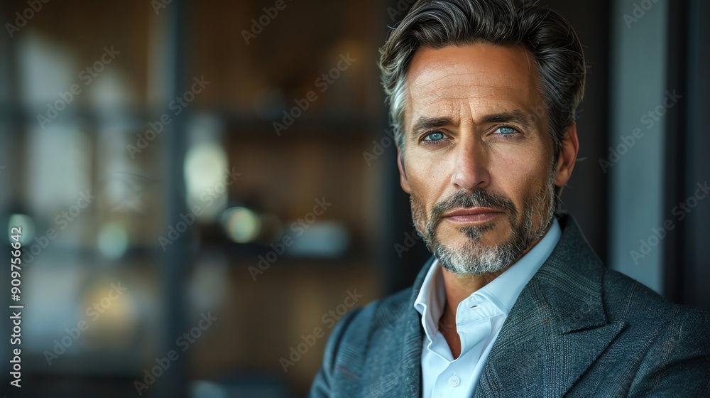 Obraz premium Middle-aged model with a sleek haircut, dressed in business attire, exuding confidence and charisma