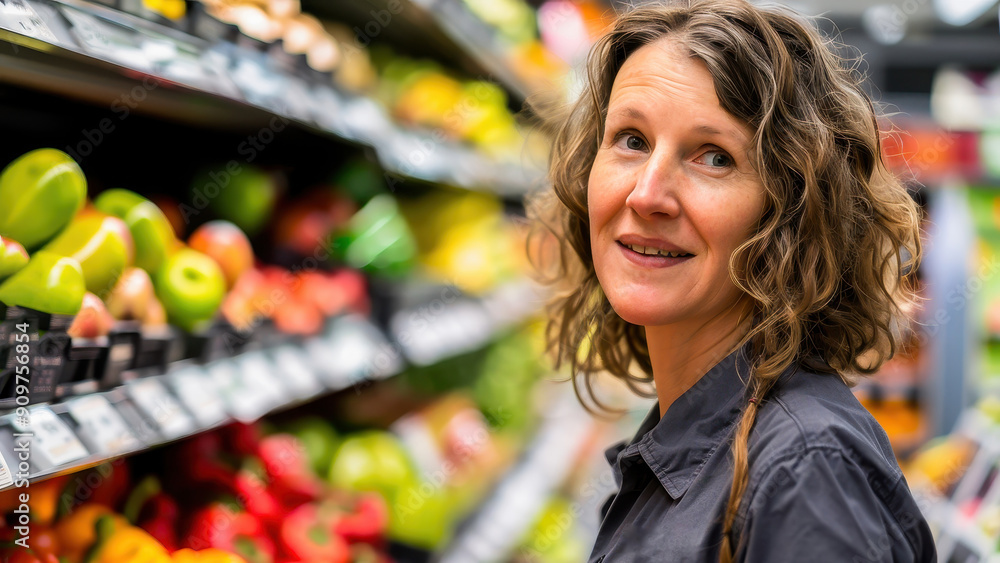 A woman stands in the produce section of a grocery store, surrounded by fresh vegetables and fruits. She appears to be carefully selecting healthy, organic produce. A woman stands in the produce section of a grocery store, surrounded by fresh vegetables and fruits. She appears to be carefully selecting healthy, organic produce.