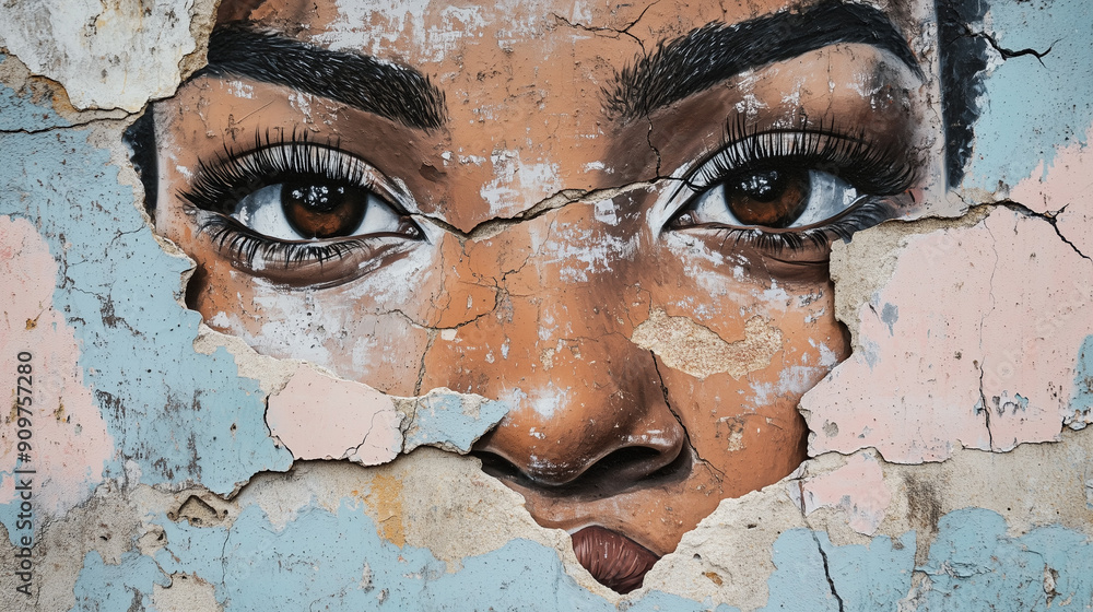 Φωτογραφία A powerful and emotional depiction of a black woman's face in graffiti on a damaged wall, expressing a desire for equality and social change