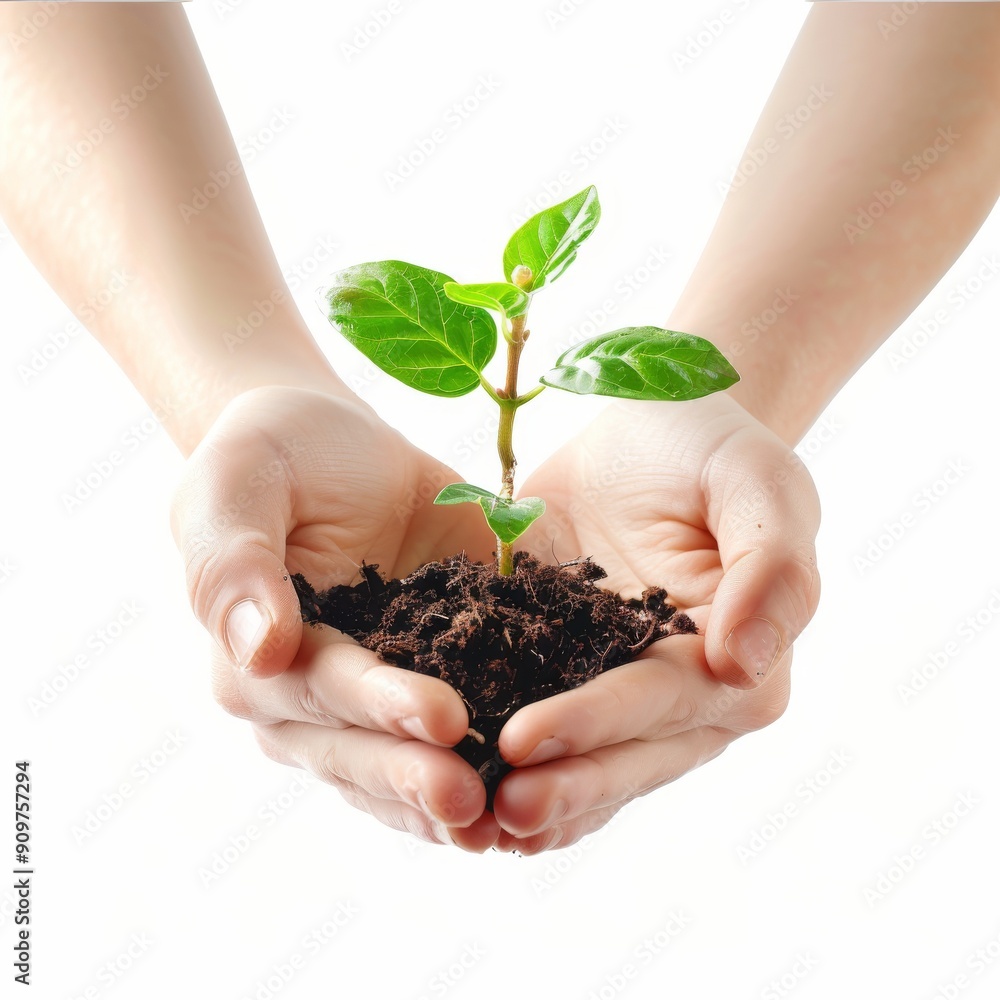 Hands holding young green plant isolated, young sprout in earth pile closeup, ecology, environmental protection Hands holding young green plant isolated, young sprout in earth pile closeup, ecology, environmental protection