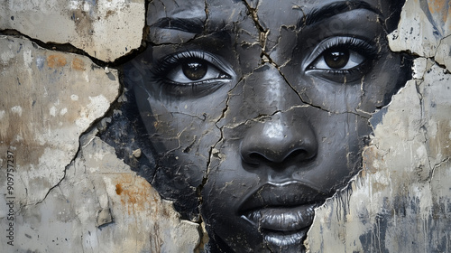 A powerful and emotional depiction of a black woman's face in graffiti on a damaged wall, expressing a desire for equality and social change. photo