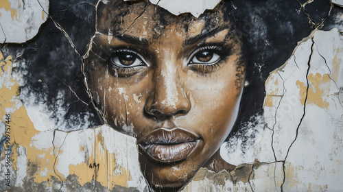 A powerful and emotional depiction of a black woman's face in graffiti on a damaged wall, expressing a desire for equality and social change. photo