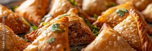 Indian Samosa Closeup, Samsa Stuffed with Beef and Onion, Traditional Uzbek Veal Meat Pies photo