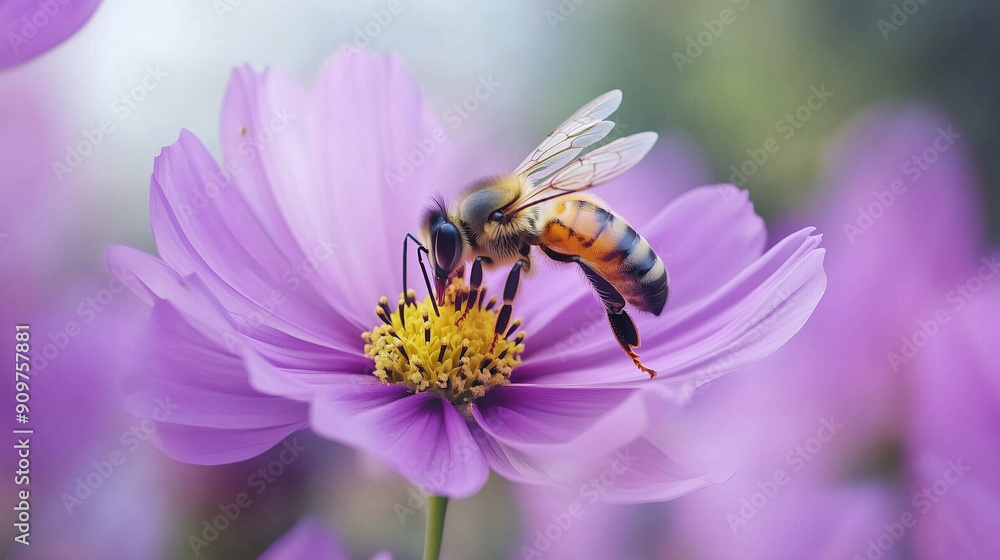 A bee focused on collecting pollen from a purple cosmos flower, surrounded by blooming flowers, creates a beautiful image of natural harmony and life in the field. A bee focused on collecting pollen from a purple cosmos flower, surrounded by blooming flowers, creates a beautiful image of natural harmony and life in the field.