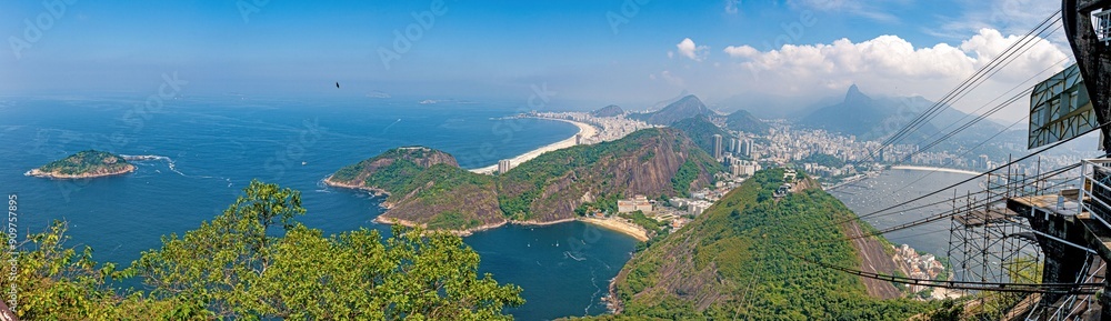 Fototapeta premium Panoramic view of the city seen from the observation deck on Sugarloaf Mountain in Rio de Janeiro