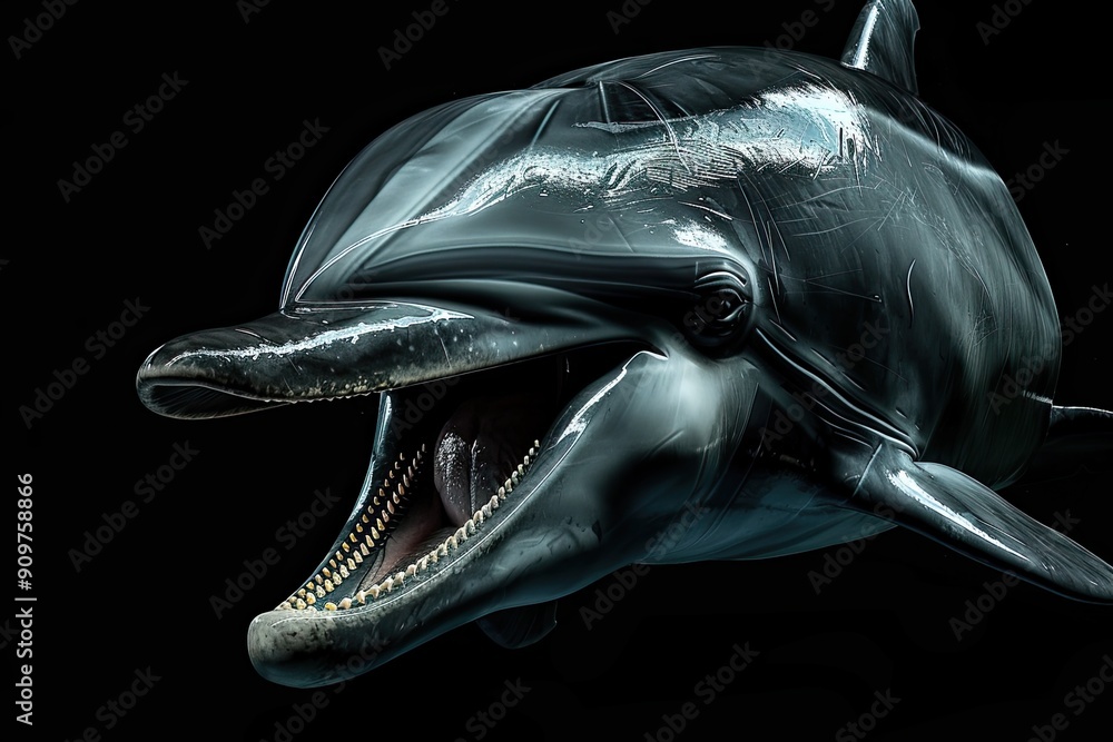 Naklejka premium Portrait of a playful dolphin on a black background