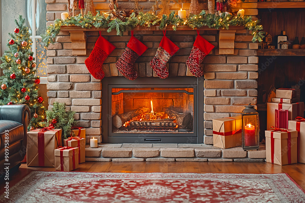 Christmas card, evening atmosphere, red stockings with gifts hanging on the fireplace in the room, next to the Christmas tree and gifts in a box Christmas card, evening atmosphere, red stockings with gifts hanging on the fireplace in the room, next to the Christmas tree and gifts in a box