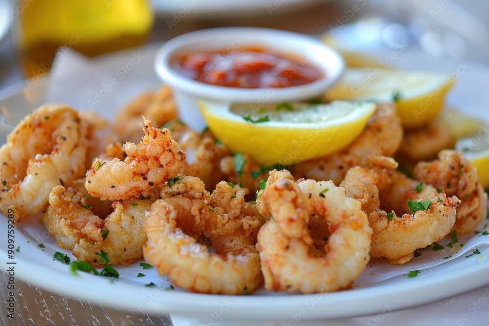 A plate of fried calamari, crispy and golden, served with marinara sauce and lemon wedges. A plate of fried calamari, crispy and golden, served with marinara sauce and lemon wedges.