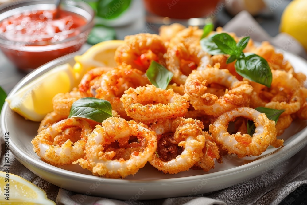 A plate of fried calamari, crispy and golden, served with marinara sauce and lemon wedges. A plate of fried calamari, crispy and golden, served with marinara sauce and lemon wedges.