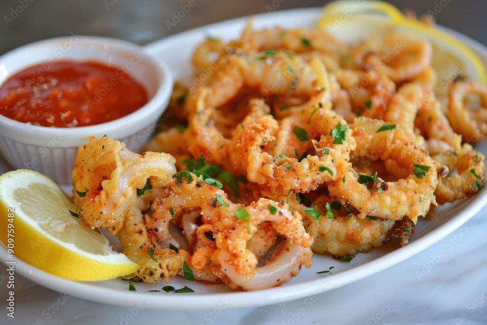A plate of fried calamari, crispy and golden, served with marinara sauce and lemon wedges. A plate of fried calamari, crispy and golden, served with marinara sauce and lemon wedges.