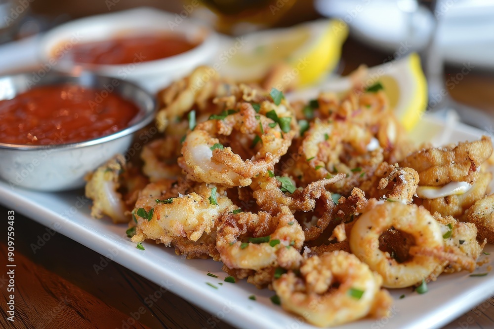 A plate of fried calamari, crispy and golden, served with marinara sauce and lemon wedges. A plate of fried calamari, crispy and golden, served with marinara sauce and lemon wedges.