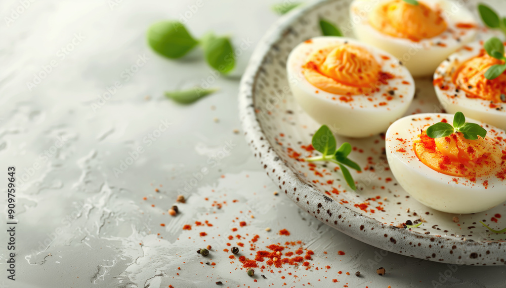 Deviled eggs garnished with paprika and greens on a gray ceramic plate with a textured background. Deviled Egg Day background. Concepts of appetizers, party food, and culinary presentation. Deviled eggs garnished with paprika and greens on a gray ceramic plate with a textured background. Deviled Egg Day background. Concepts of appetizers, party food, and culinary presentation.