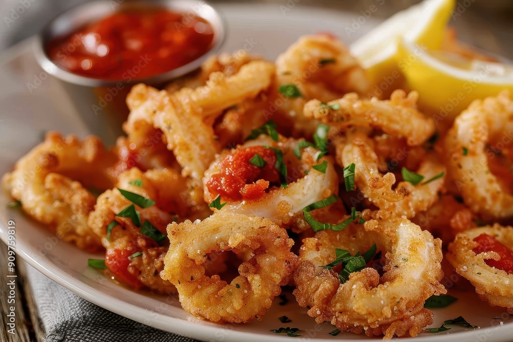 A plate of fried calamari, crispy and golden, served with marinara sauce and lemon wedges. A plate of fried calamari, crispy and golden, served with marinara sauce and lemon wedges.