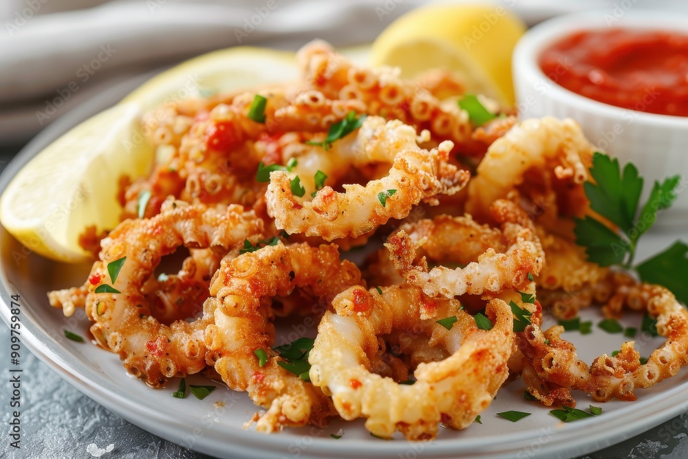 A plate of fried calamari, crispy and golden, served with marinara sauce and lemon wedges. A plate of fried calamari, crispy and golden, served with marinara sauce and lemon wedges.